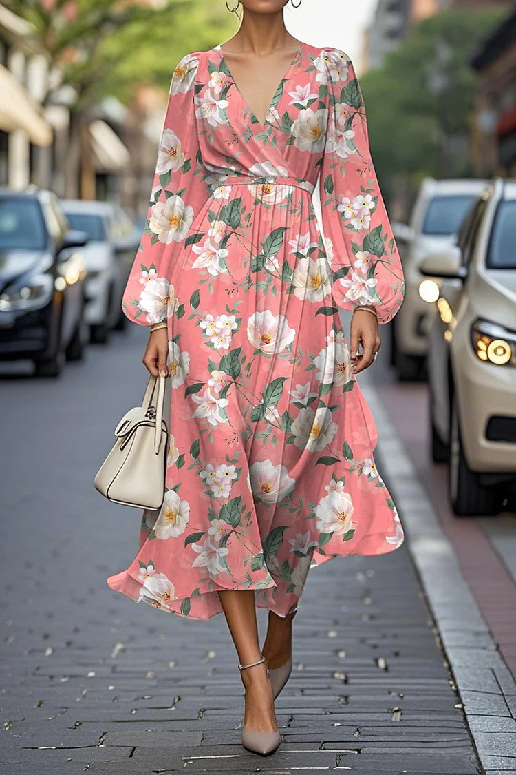 Elegant Floral Print Lantern Sleeve V-Neck A-Line Midi Chiffon Dress