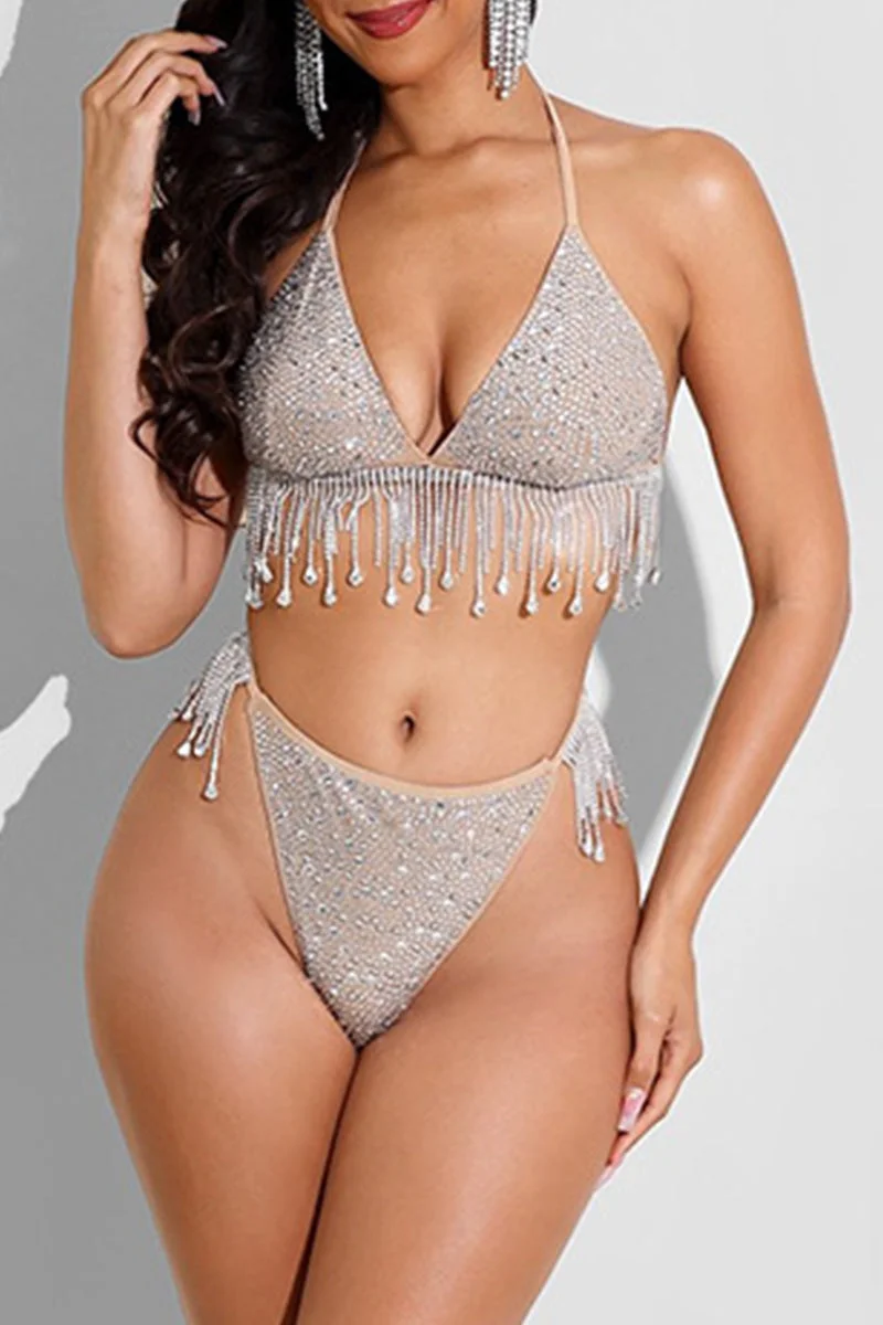 Fashion Sexy Patchwork Hot Drilling Tassel Bandage Backless Swimwears