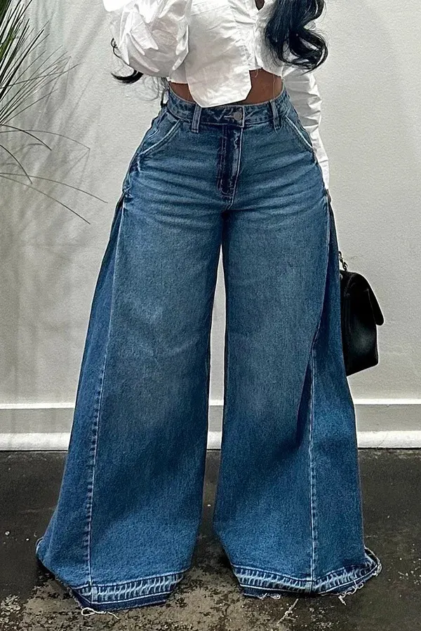 Women's Vintage Washed Raw Hem Baggy Jeans Trousers