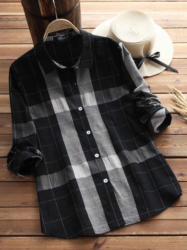 Vintage Plaid Long Sleeve Turn down Collar Shirts P1354126