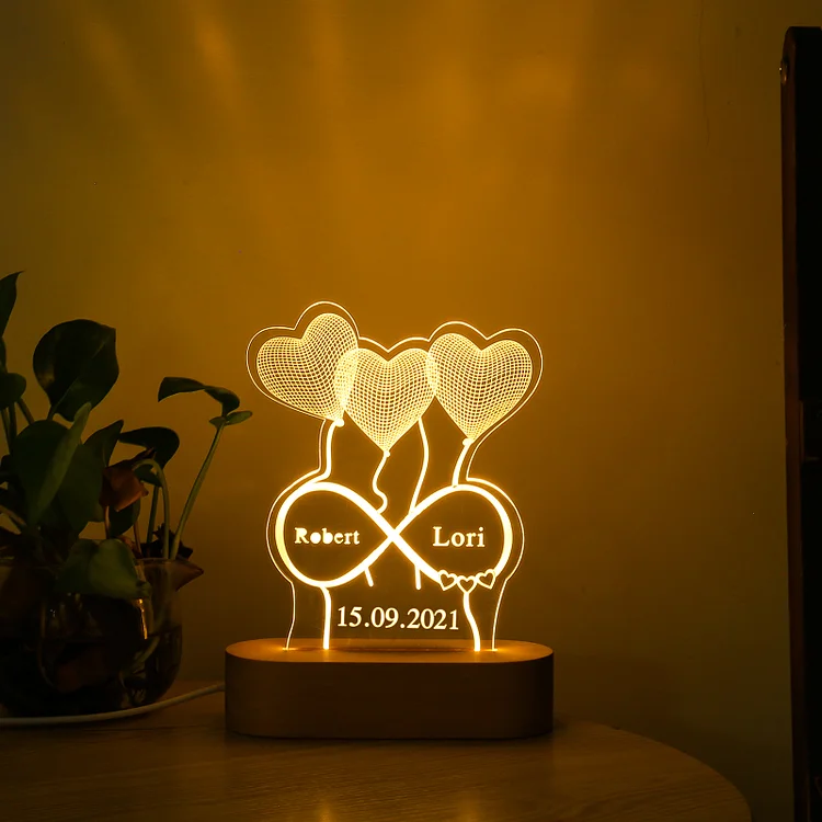 Lampe de chevet LED ballon infini 2 prénoms et date personnalisés Jessemade FR