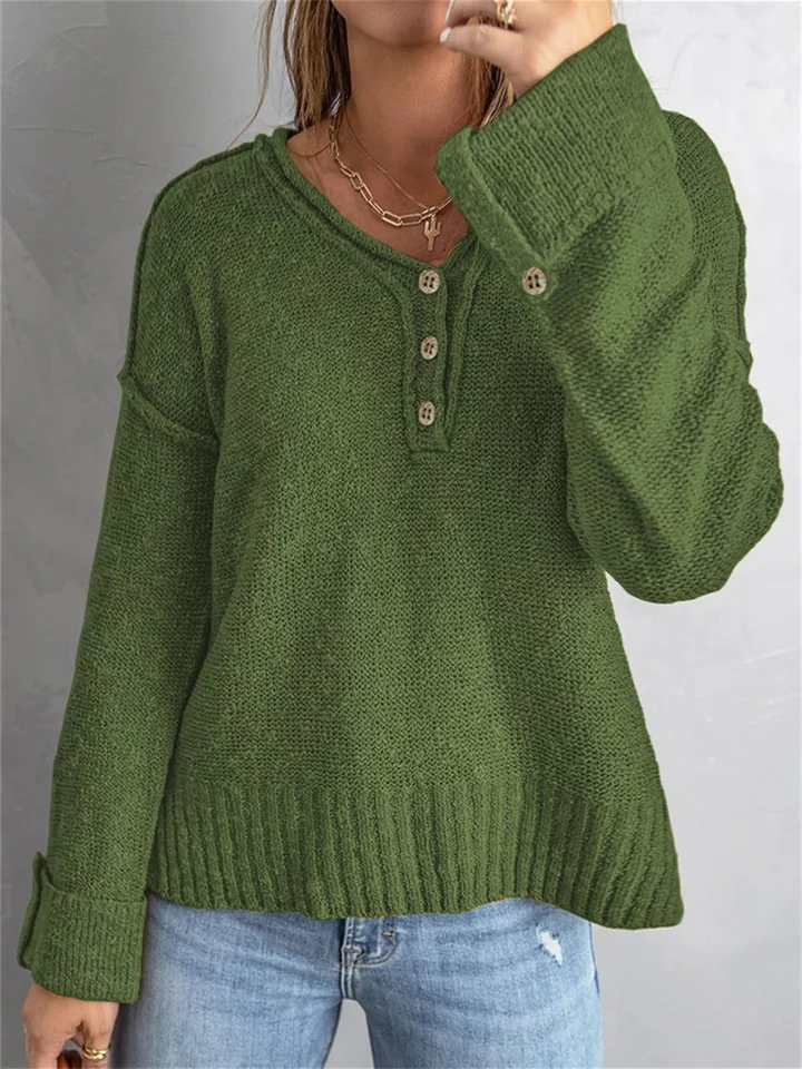 Fashion Solid Color Loose Button Knitted Sweater