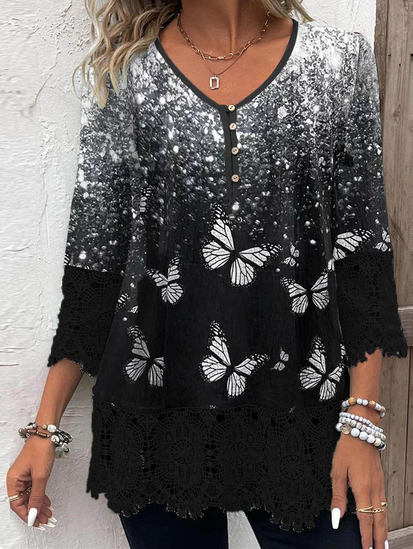 Women 3/4 Sleeve V-neck Polka Dot Butterfly Printed Graphic Button Lace Tops