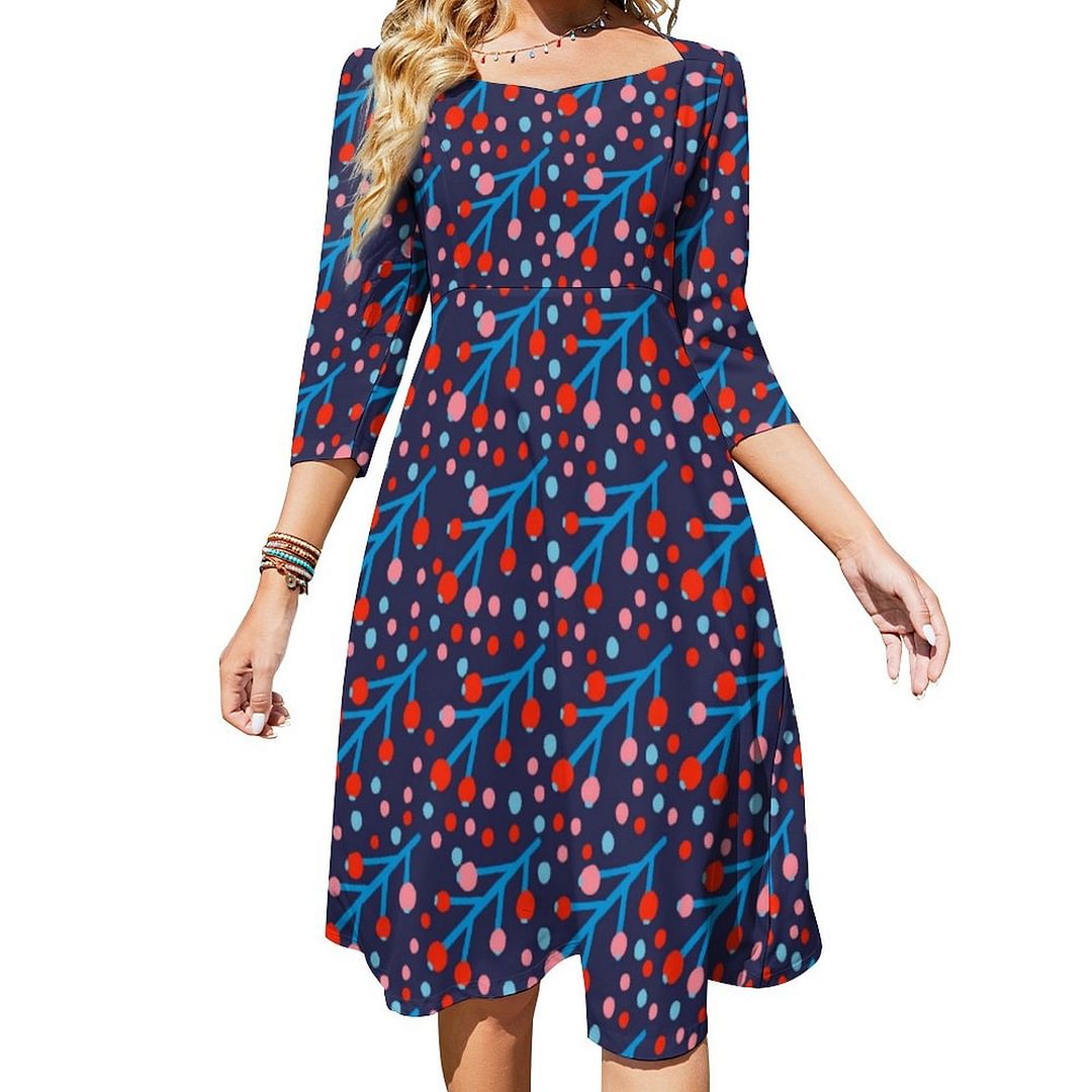 Red And Blue Forest Floral Pattern Dress Sweetheart Tie Back Flared 3/4 Sleeve Midi Dresses
