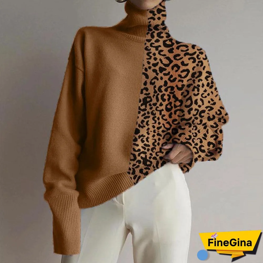 Fashionable Loose High Collar Leopard Stitching Sweater