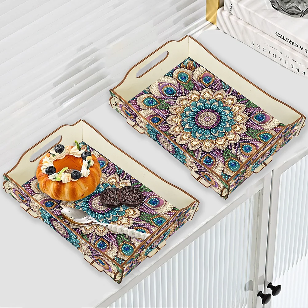 5D DIY Mandala Diamond Painting Wooden Serving Tray with Handle for Coffee Table