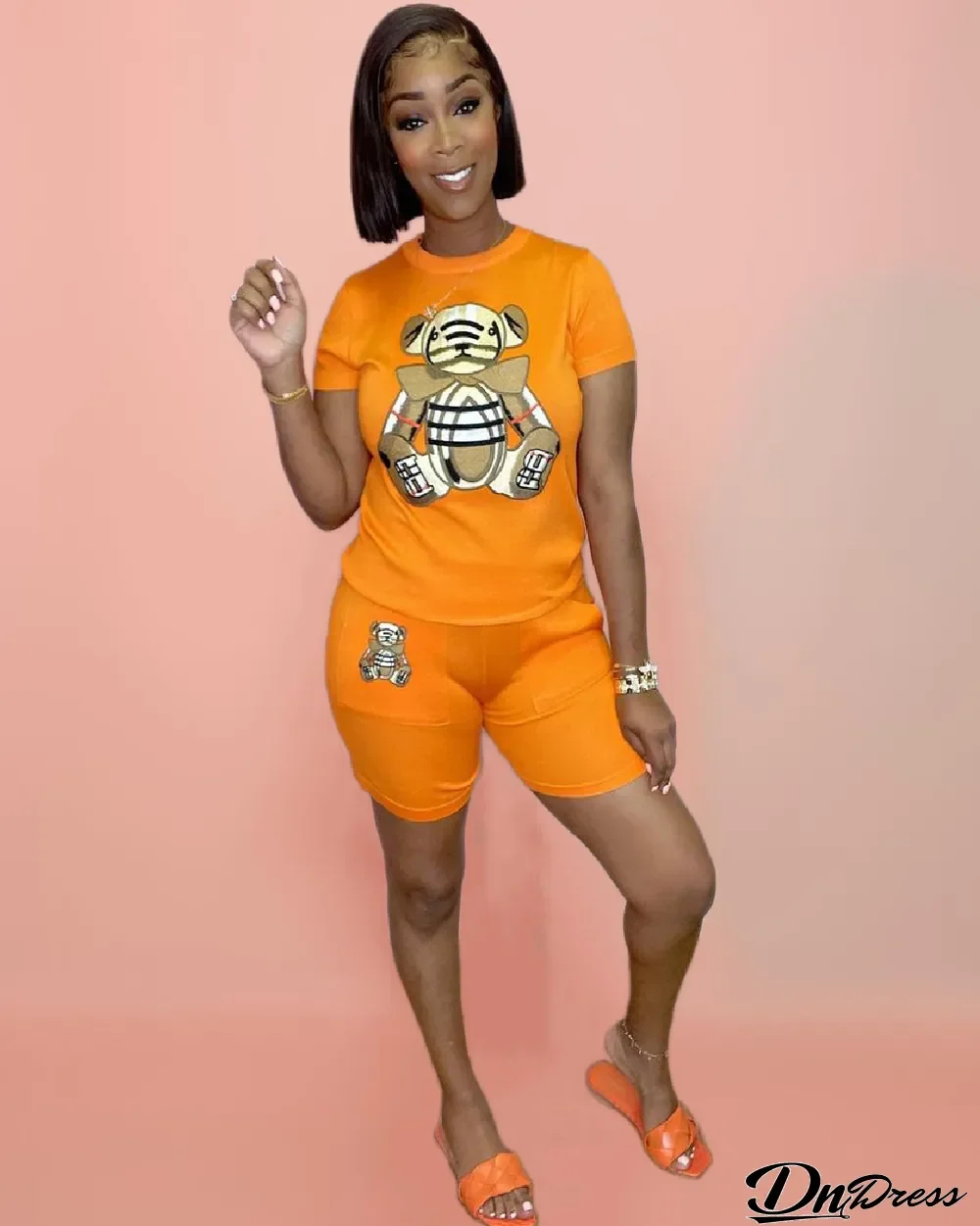 Women Summer Cute Fashion Bear Print Short Sleeve Top And Shorts Two Piece Set