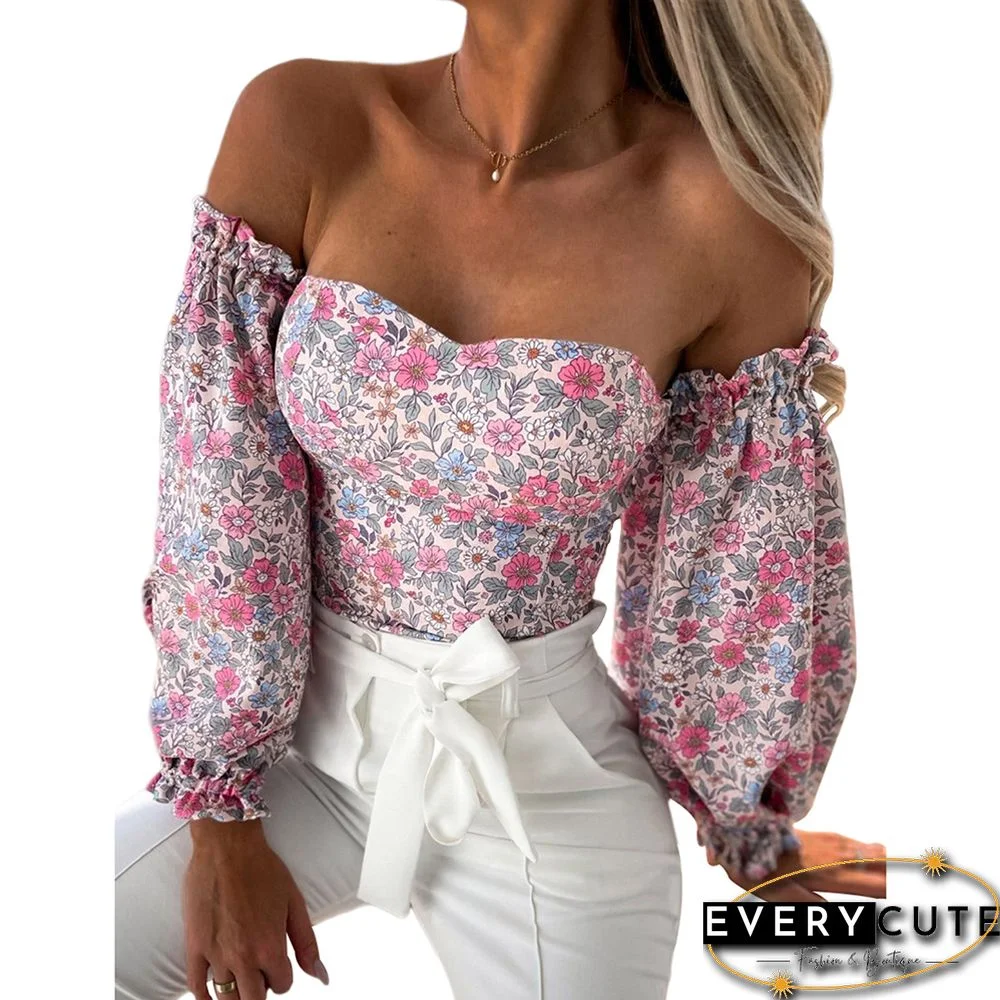 Gray Floral Print Off Shoulder Puff Sleeves Tops