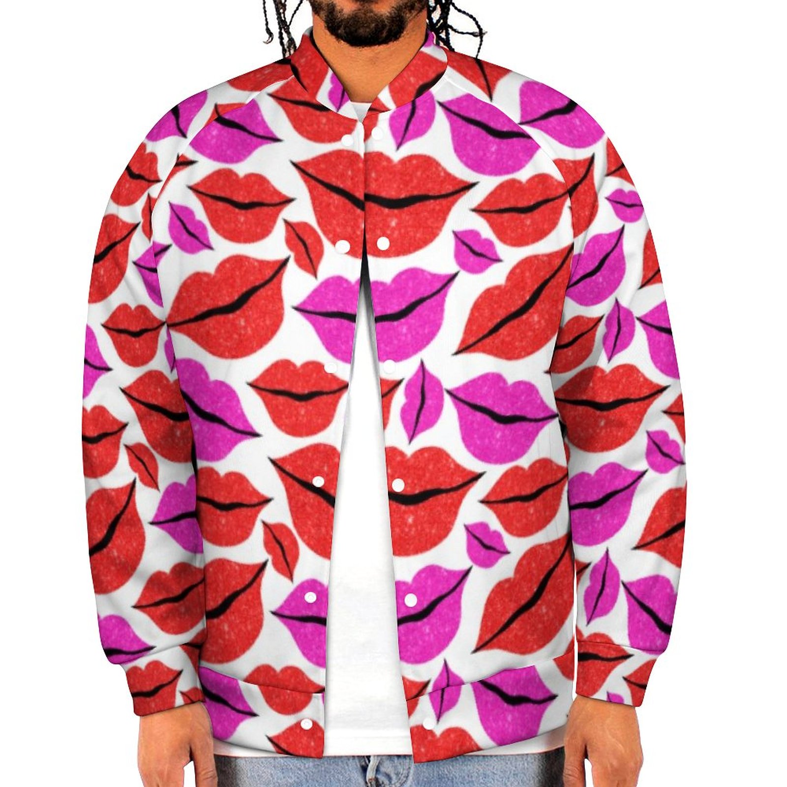 Spring and Fall Valentines Day Pink Red Lips Pattern Sweatshirt Jacket Mens Casual Lightweight Button Up Bomber Jacket Outwear