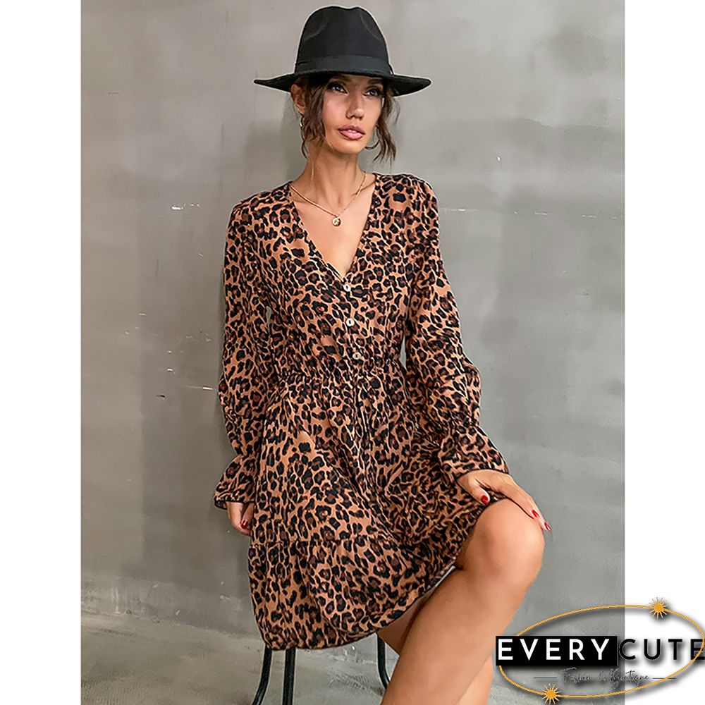 Khaki Leopard Print Tie Waist Flared Long Sleeve Dress
