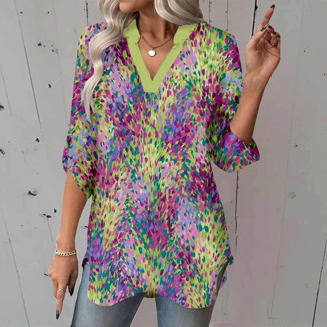 Women Splashed,  Green,  Red DZGA0415 3/4 Sleeve V-neck Printed Graphic Button Tops
