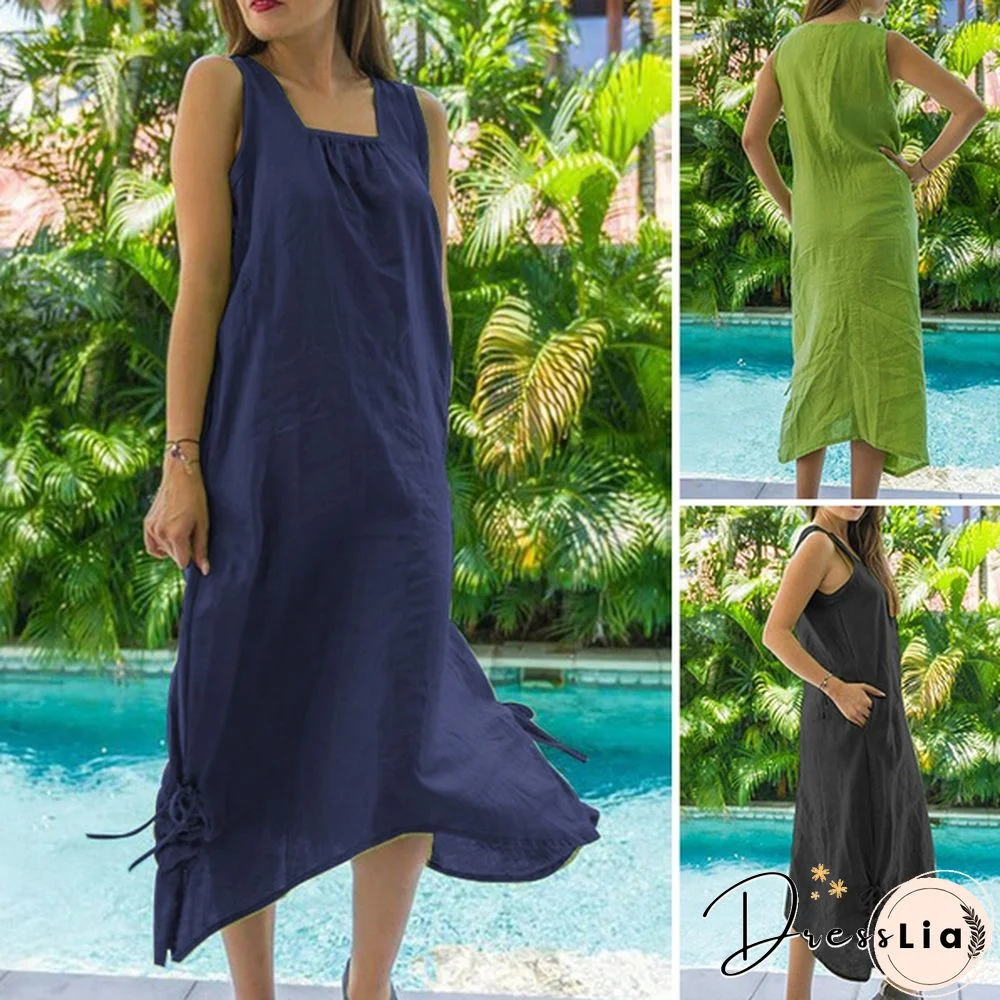 Women Sleeveless Sundress Plain Cotton Plus Size Holiday Party Casual Long Maxi Dress