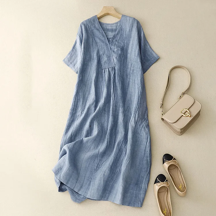 Women's Casual Simple Solid Color V -neck Linen Dress
