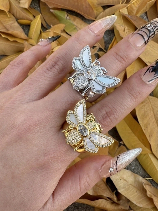 Brass 18K Gold Plated Inlay Bee Shell Zircon Open Rings