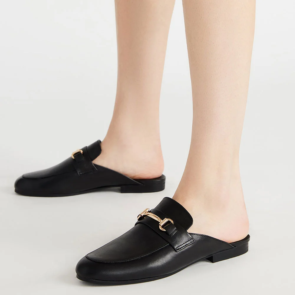 Black Slip-On Round Toe Flat Loafer Shoes Women with Buckle Accent