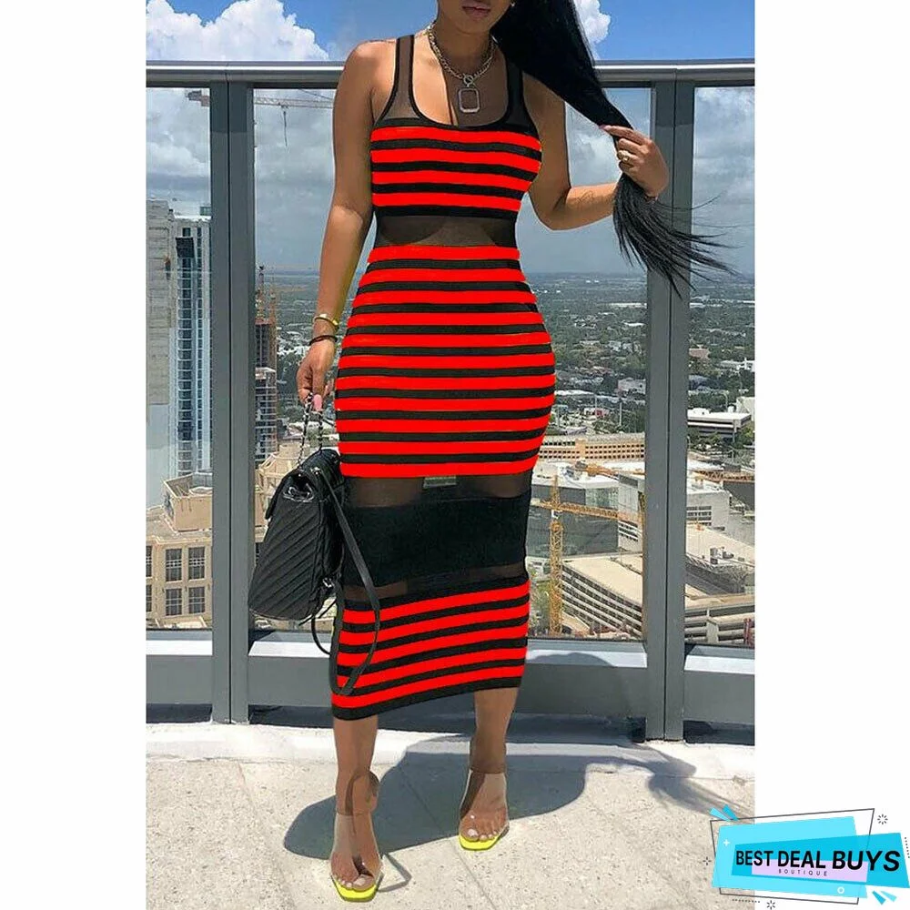 Women Striped Sleeveless Bandage Bodycon Dress Summer Beach Ladies Casual  Holiday Party Slim Dress Sundress