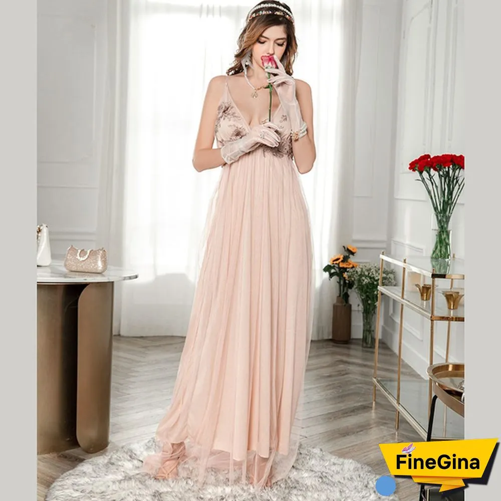 Fashion Plunging Neck Backless Flower Wedding Mesh Dress
