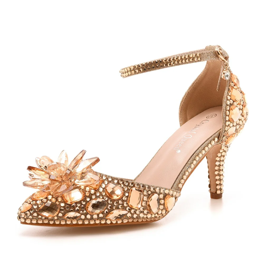 Breakj Breakj Cm Large-Size Sandals Fine Heel Head Crystal Glass High Heel Sandals Champagne Gold Banquet Dinner Women's Shoes
