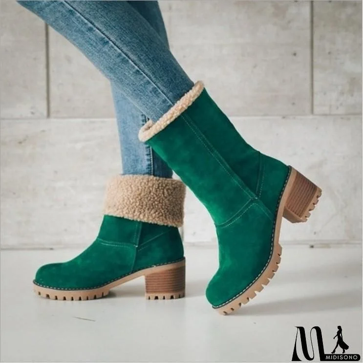 MidiSono - Warm Fur Lining Square Chunky Heel Suede Snow Boots for Women