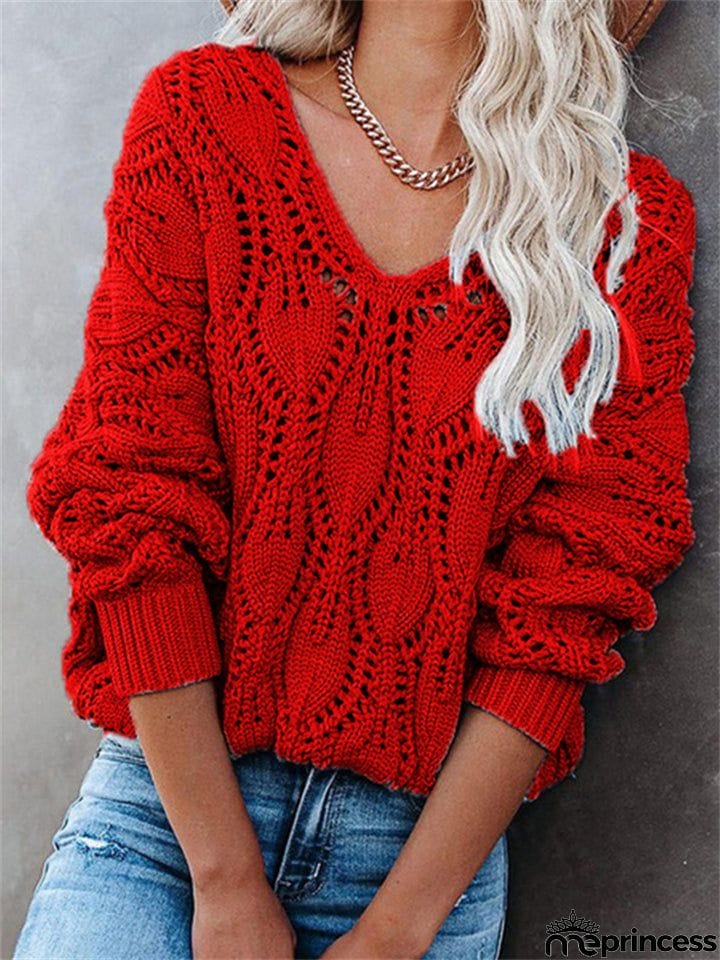 Fashion Hollow Design Casual Solid Color V-Neck Knitted Pullover Sweater