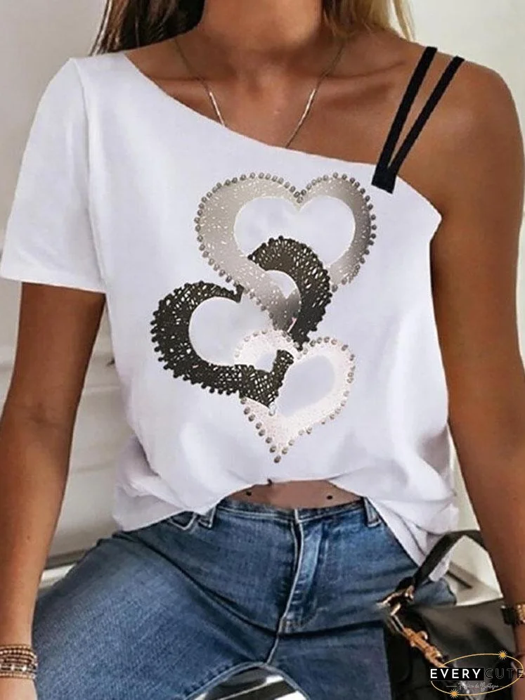 Heart Print One-Shoulder Short Sleeves Casual Blouse