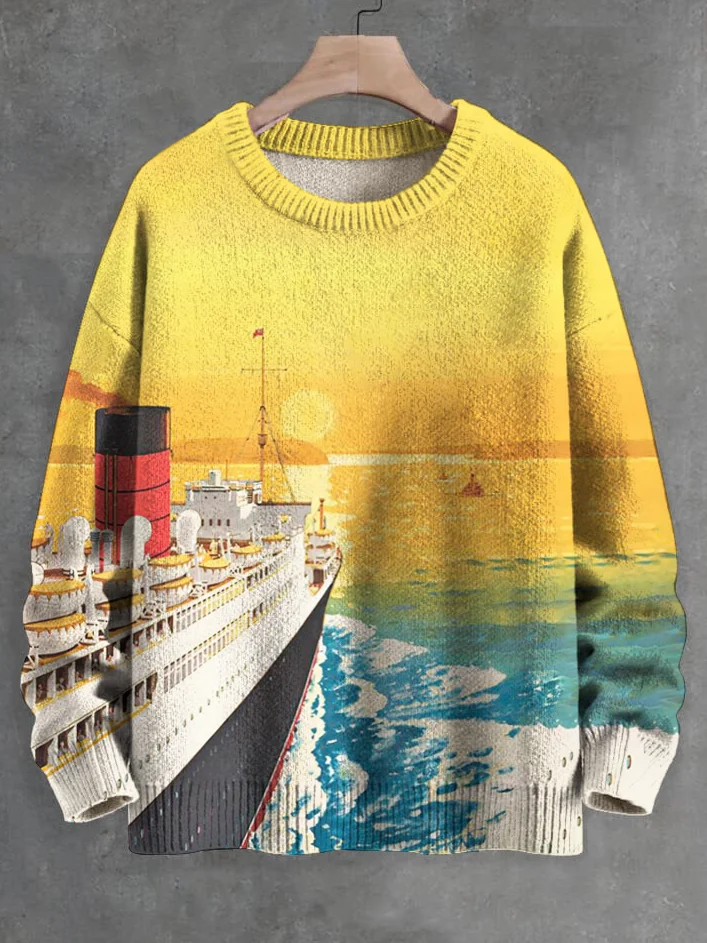 Men's Retro Warship Sunset Landscape Art Print Knit Sweatshirt