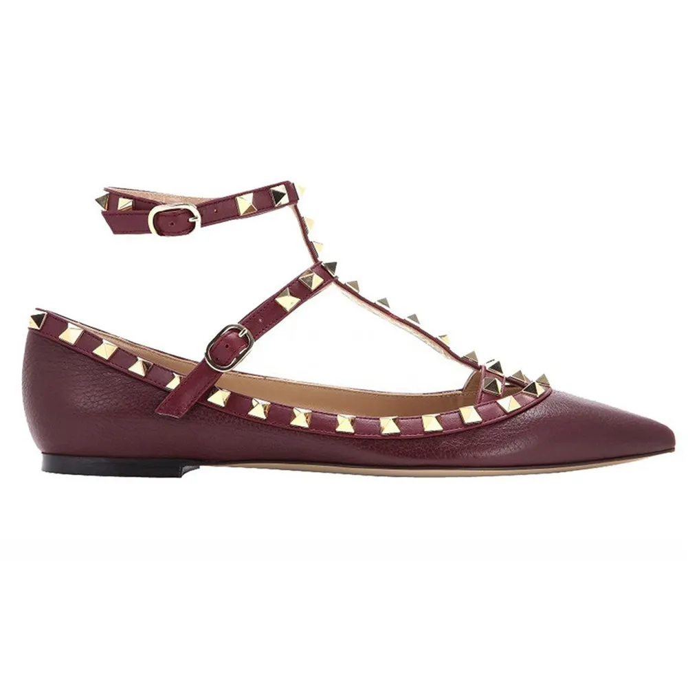 Women's Flats Rivets Rockstud Daily Pointed Toe Ballet Wine Lichee Pattern Shoes-vocosishoes