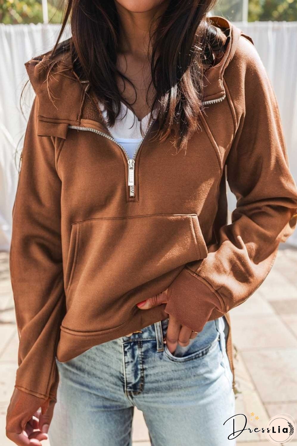cozy brown hoodie with kangaroo pocket and quarter zip