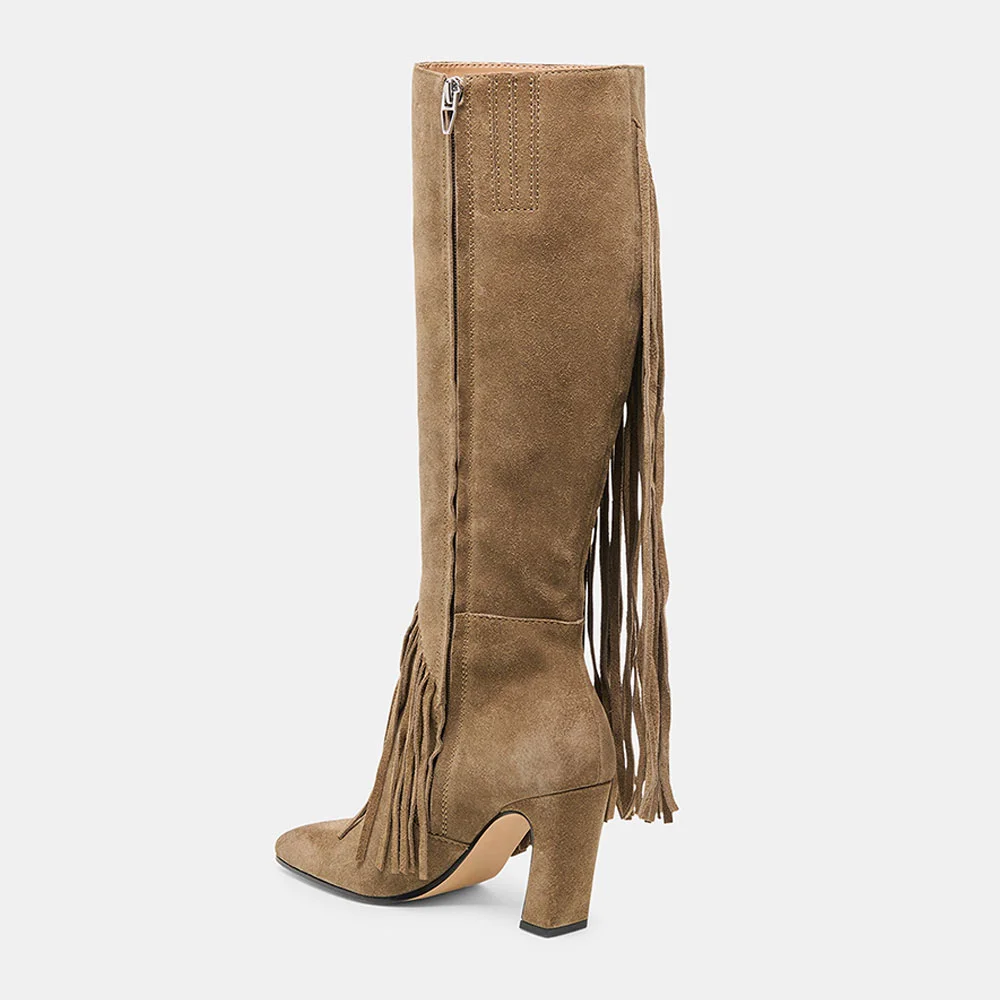 Olive Vegan Suede Square Toe Fringe Side Zipper Tall Boots for Women