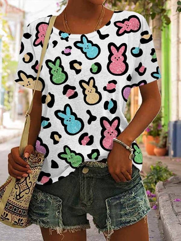 Women's Leopard Easter Bunny Print Round Neck Casual T-Shirt
