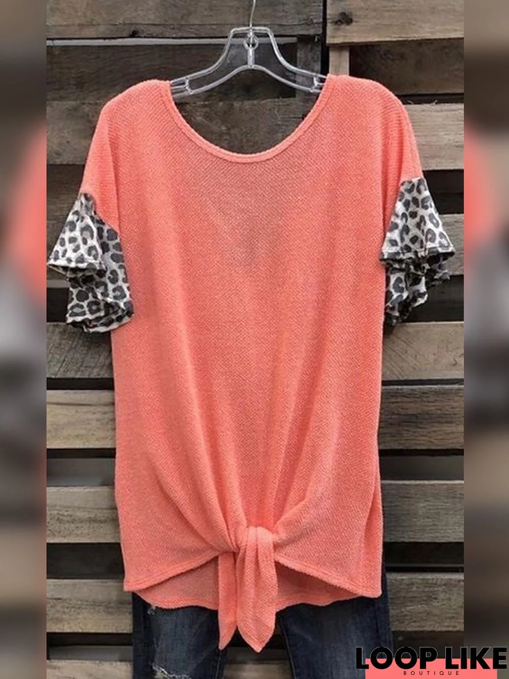 Leopard  Short Sleeve  Drawcord  Cotton-blend Crew Neck Casual  Summer  Orange Top