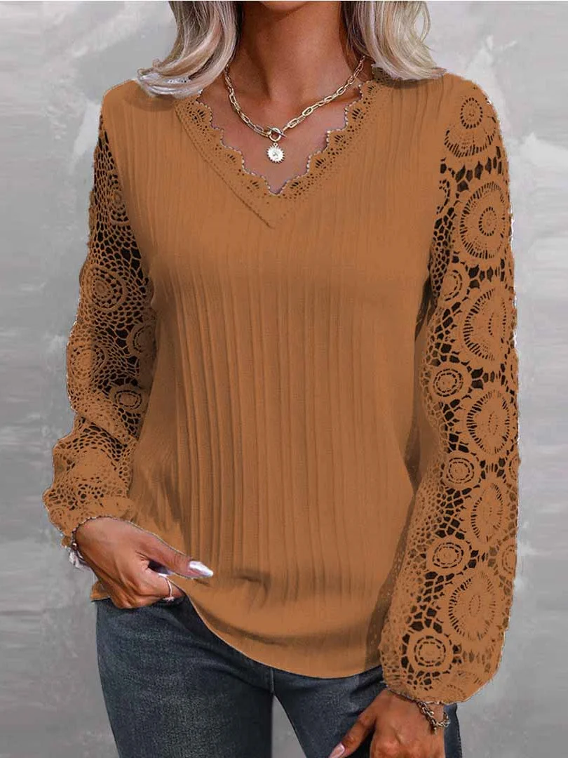 Women Long Sleeve V-neck Solid Lace Tops