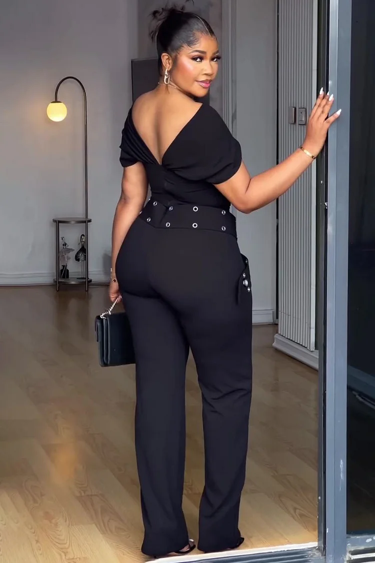 V Back Cap Sleeve Cutout Top Studded Strap Pants 2pcs Set-Black [Pre Order]