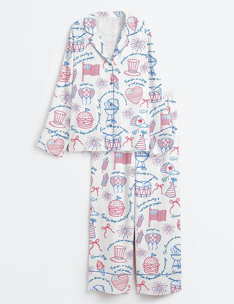Women&rsquo;s Liberal Fourth Of July Liberal Patriotic Secret Subtle Message American FDT Print Long Sleeve Satin Pajama Set