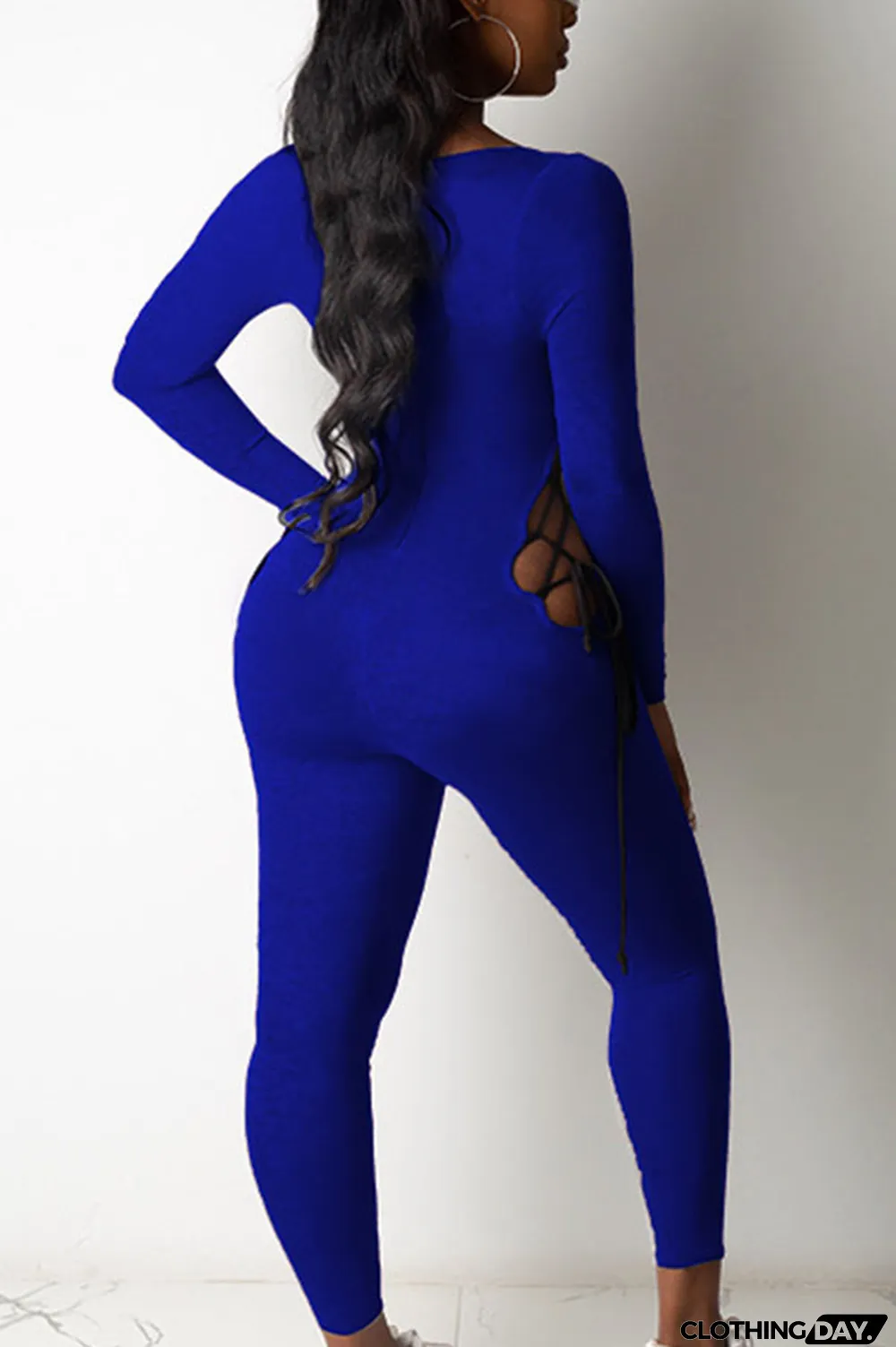 Grey Sexy Polyester Milk Fiber Solid Hollowed Out Frenulum U Neck Skinny Jumpsuits