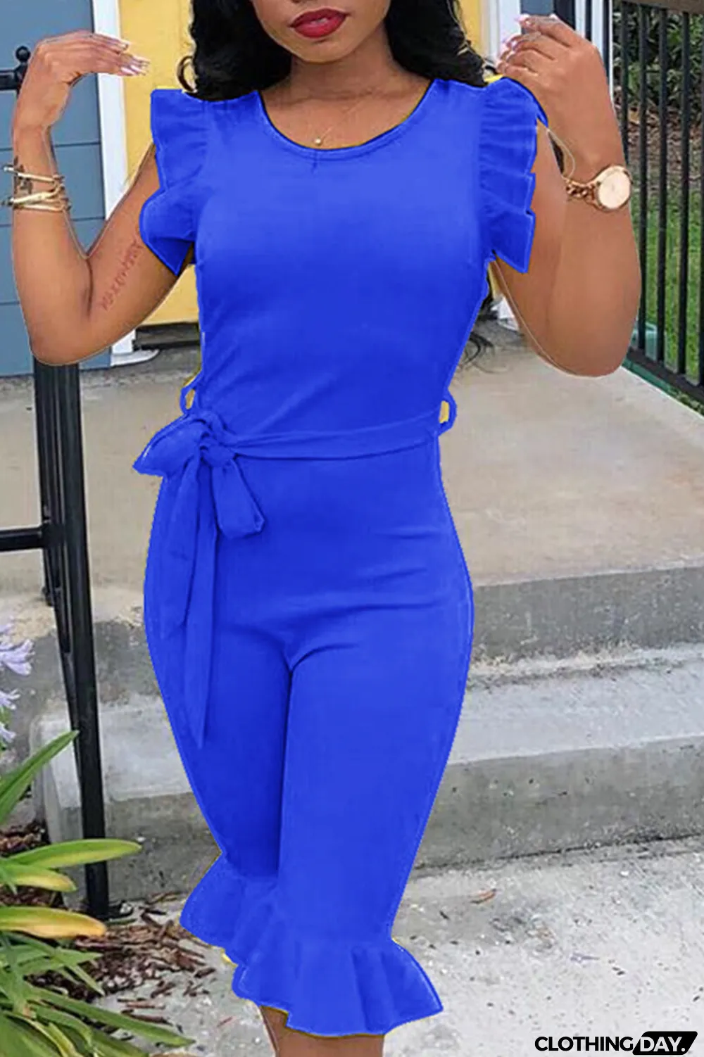 Red Casual Solid Flounce O Neck Regular Jumpsuits