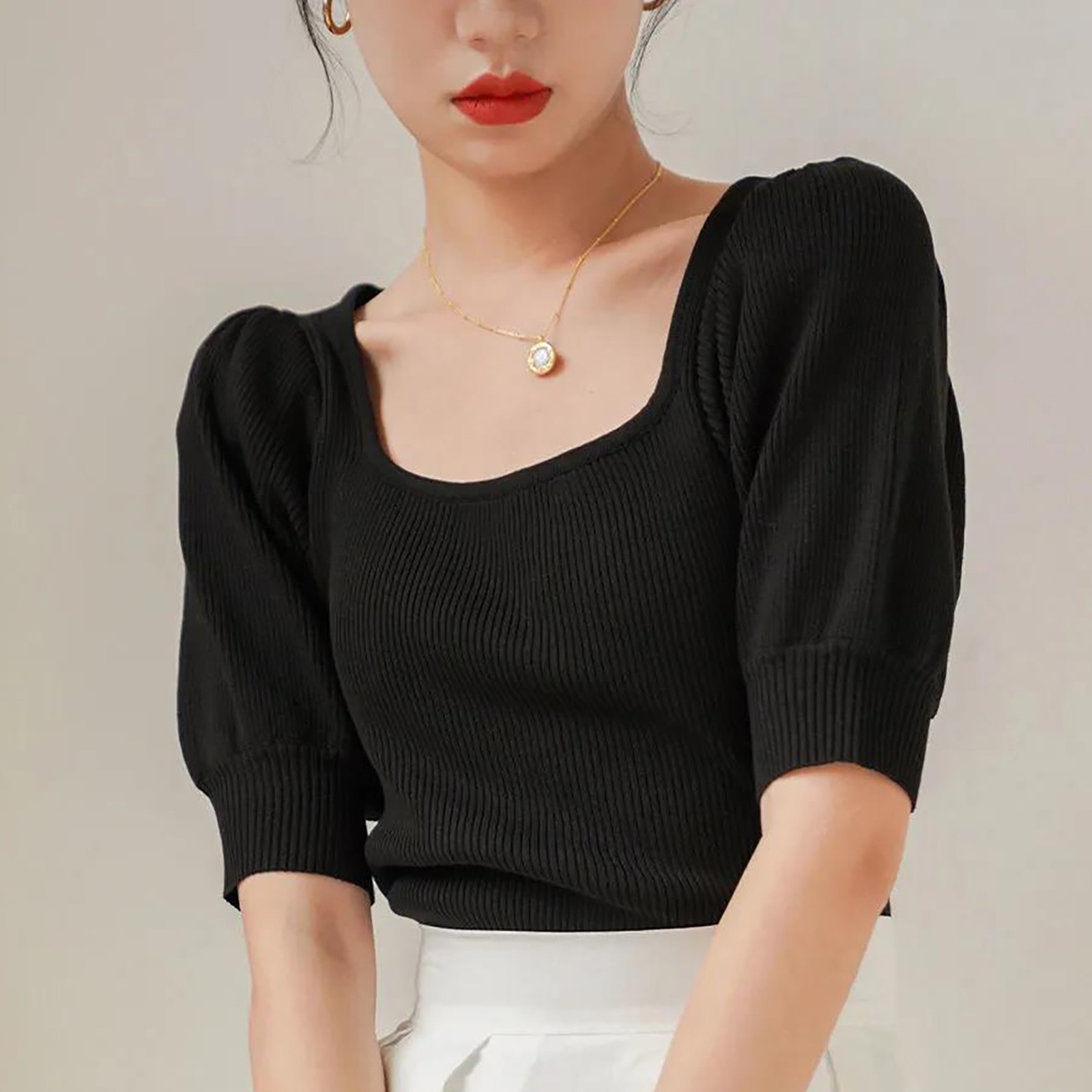 Kanonion Elegant Women Puff Sleeve T-Shirts Ribbed Square Neck Chic Solid Color Tees Summer Office Lady Korean Style Slim Fit Tops