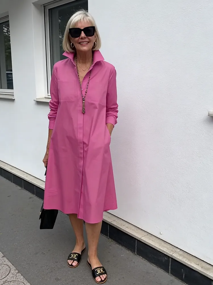 Shirt Collar Long Sleeve Pocket Mid-Length DressSpring-Summer New Type Fashion Temperament Shirt Collar Long Sleeve Pocket Mid-Length Dress