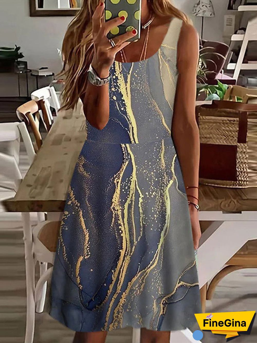Women's Sleeveless Scoop Collar Floral Printed Midi Dress