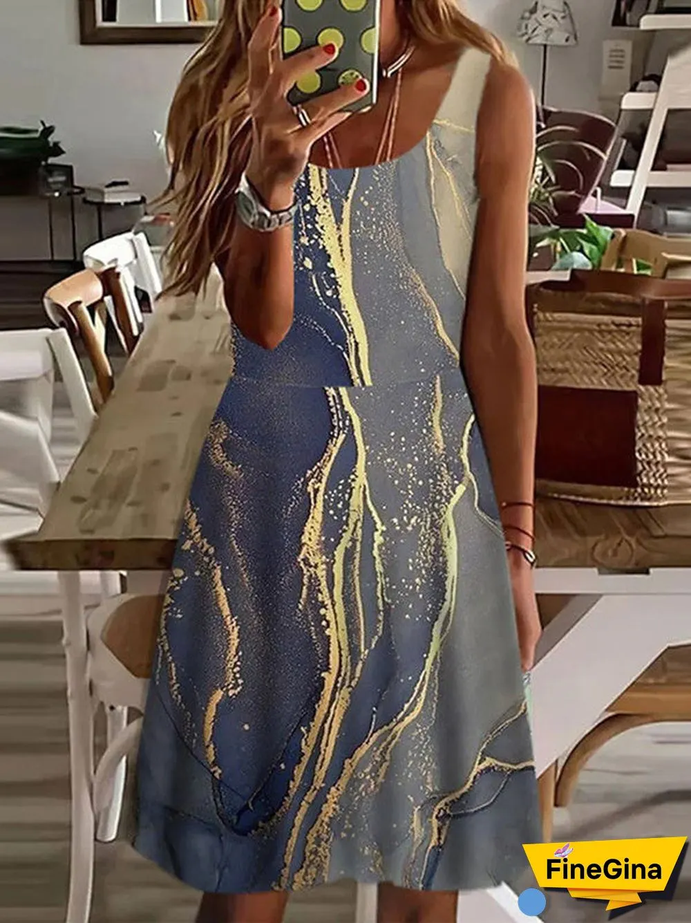 Women's Sleeveless Scoop Collar Floral Printed Midi Dress