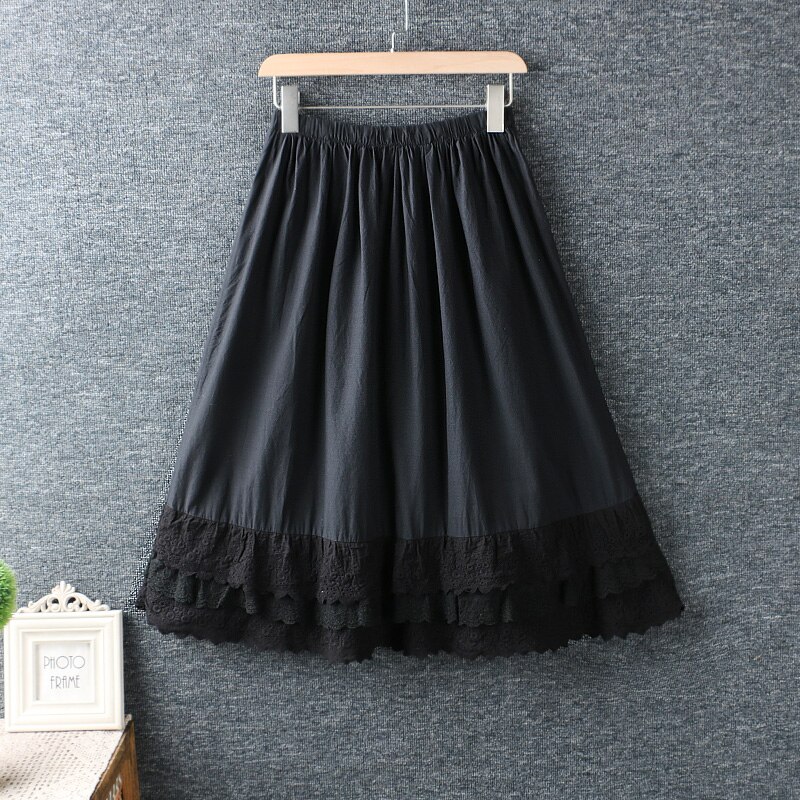 Summer Women Elastic Waist Lace Embroidery Loose Cotton Skirts