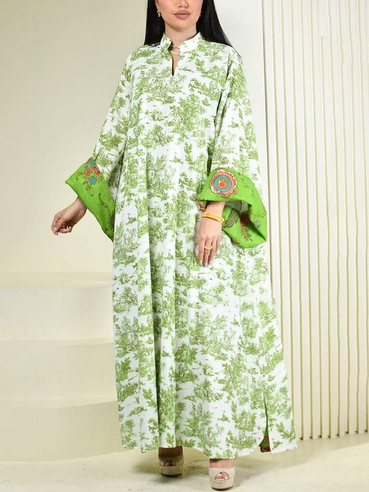 Green Printed Standing Collar Women's Long-sleeved Dress