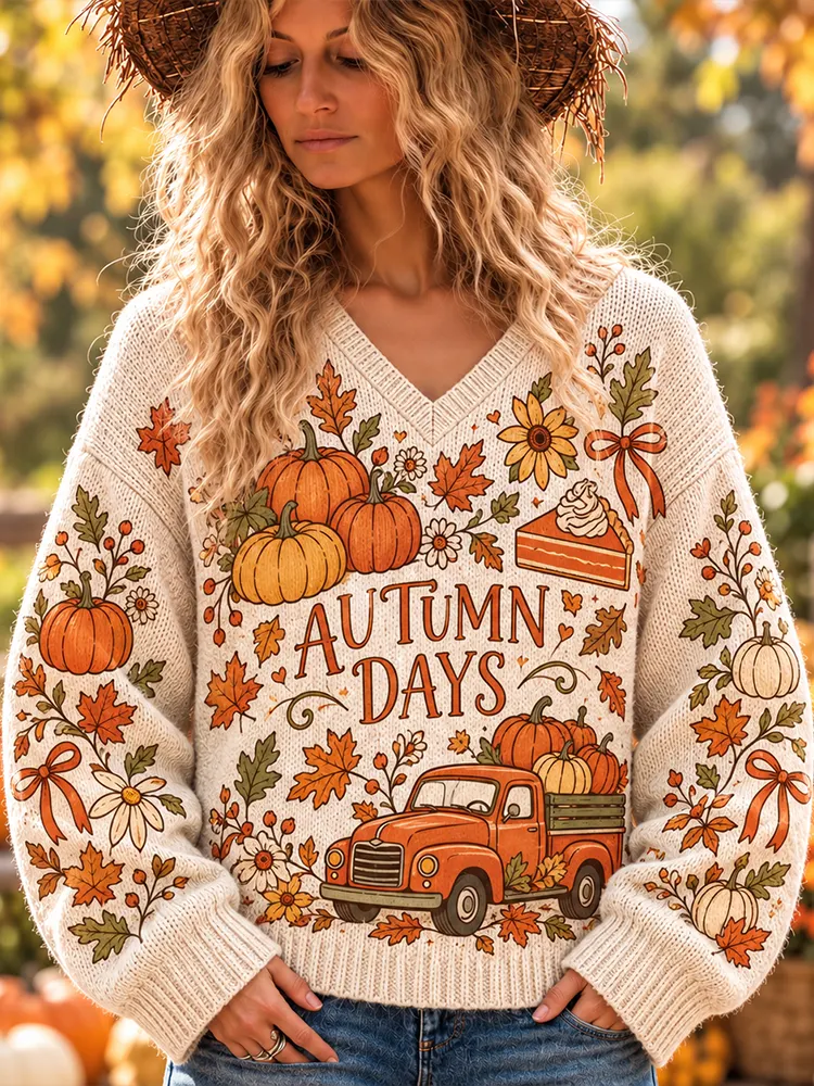 Comstylish Women's Autumn Days Truck And Pumpkin V-neck Sweater