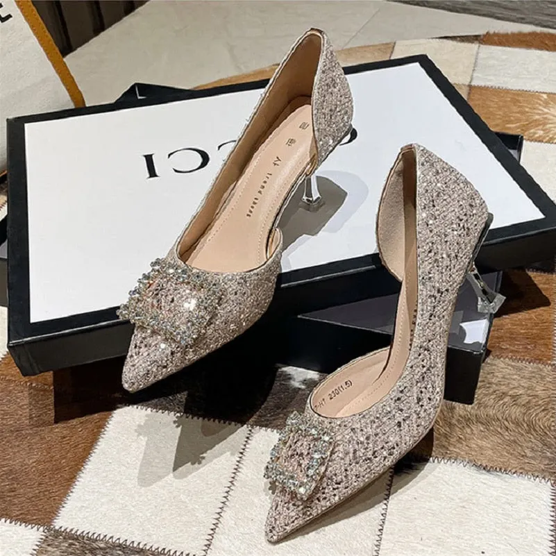 Meotina Woman Fashion Shoes Ponted Toe Thin High Heels Crystal Pumps Elegant Style Party Ladies Footwear Autumn Champagne Silver
