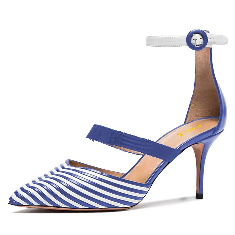 Blue and White Stripe Ankle Strap Stiletto Heels Pumps |FSJ Shoes