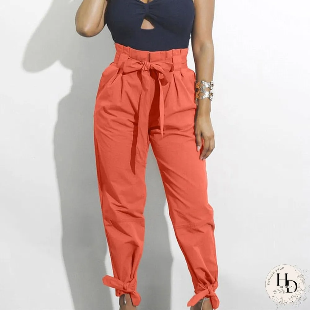 Loose Bow Tie Ruffles Women Pants Casual Solid High Waisted Belt Pocket Spring Women