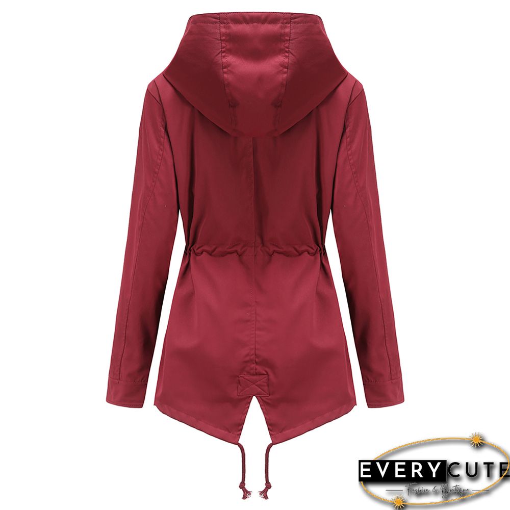Wine Red Waist Drawstring Hooded Outdoor Rainproof Coat