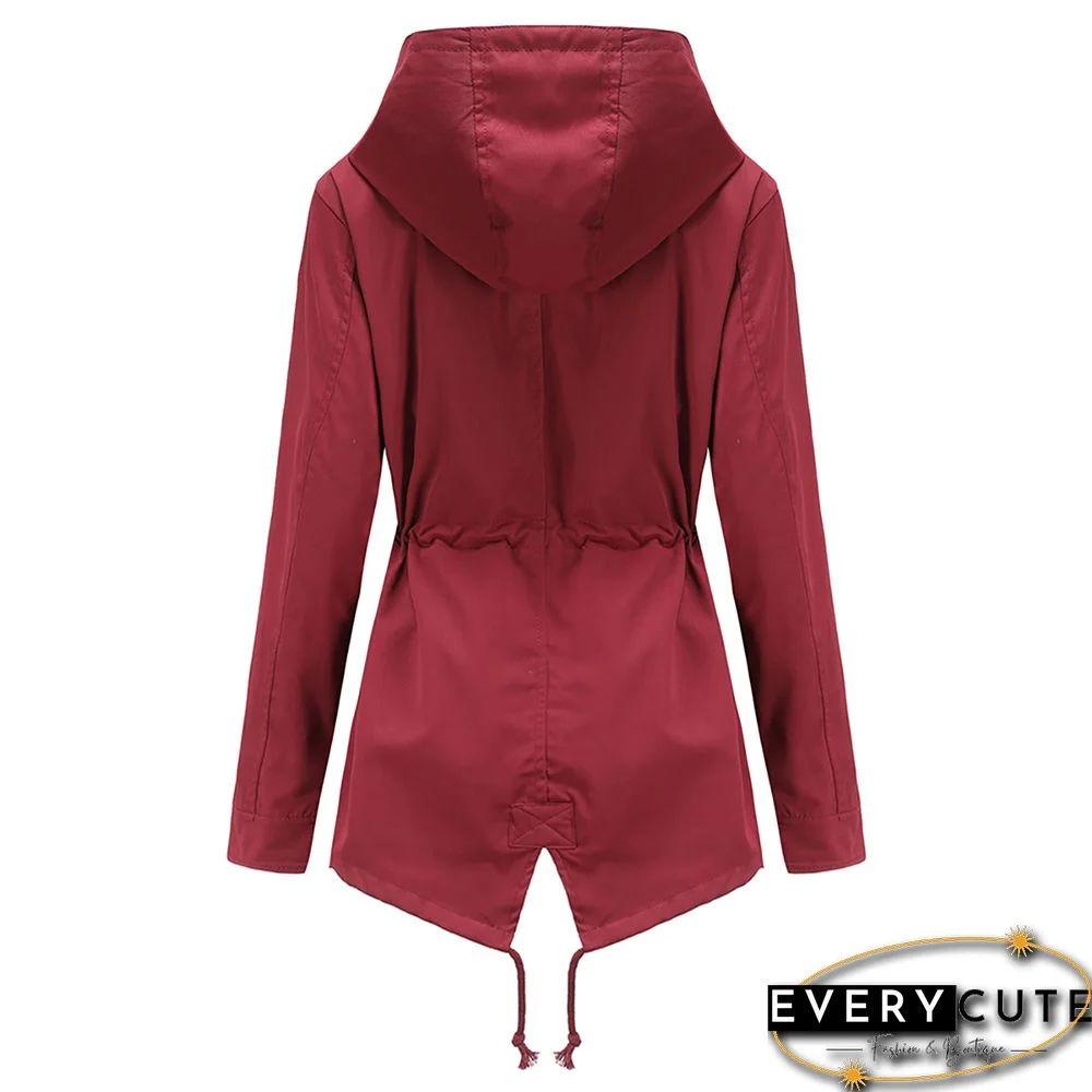 Wine Red Waist Drawstring Hooded Outdoor Rainproof Coat