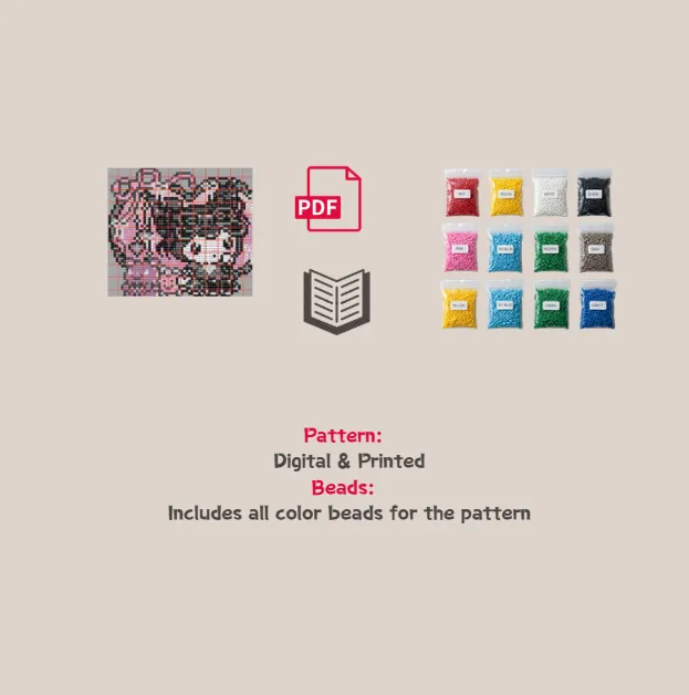 Black Lace Kuromi Pixel Pattern Fuse Bead Kit  | Cute DIY Fuse 2713 Beads Set