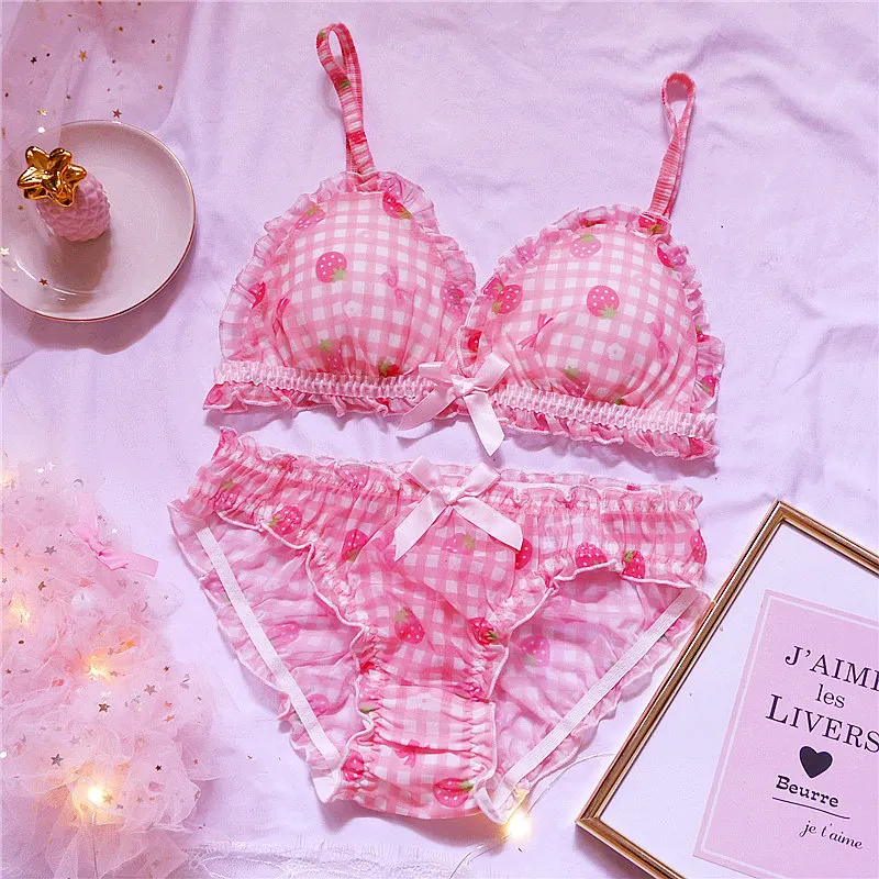 Uaang Japanese Bras Briefs Underwear Set Lolita Girl Pink Plaid Flower